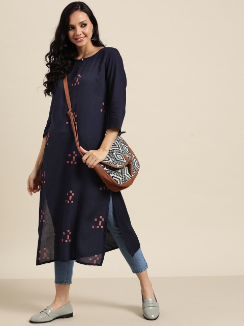 

Sangria Women Navy Blue & Brown Geometric Print Straight Kurta