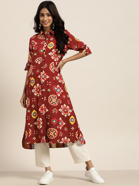 

Sangria Women Maroon & Off White Pure Cotton Ethnic Motifs Print Pathani Kurta