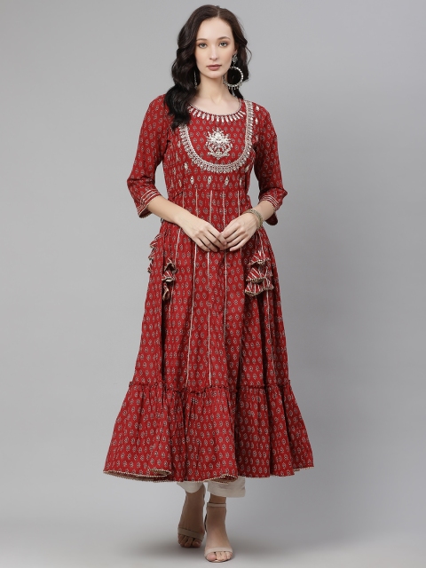 

Divena Women Maroon Pure Cotton Printed Gotta Patti Tiering Anarkali Kurta