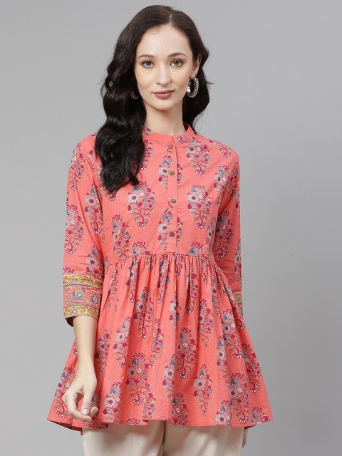 

Divena Peach-Coloured & Off White Pure Cotton Floral Printed Mandarin Collar A-Line Top