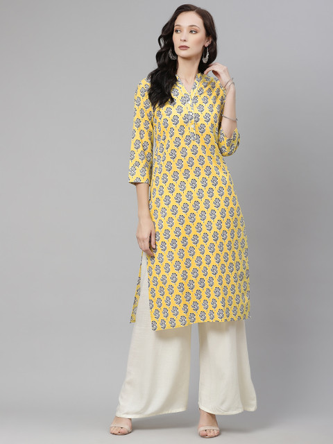 

Divena Women Yellow Pure Cotton Ethnic Print Gotta Patti Kurta