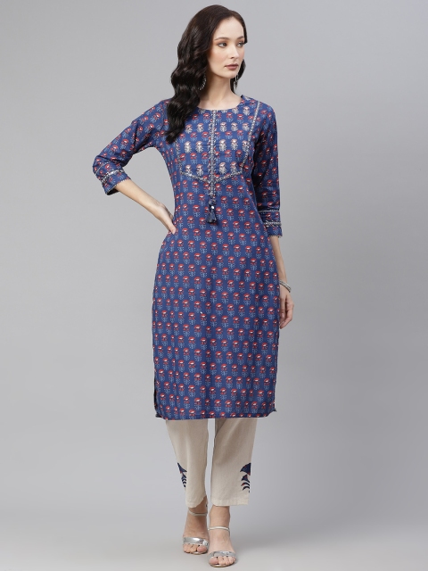 

Divena Women Blue Ethnic Motifs Printed Mirror Work Pure Cotton Kurta with Trousers