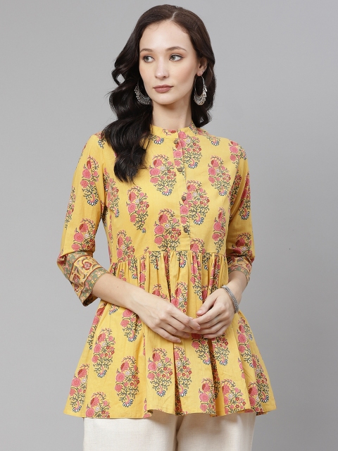 

Divena Mustard Yellow & Pink Mandarin Collar Pure Cotton A-Line Top