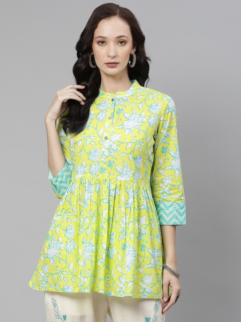 

Divena Yellow & Blue Pure Cotton Floral Printed Mandarin Collar A-Line Top