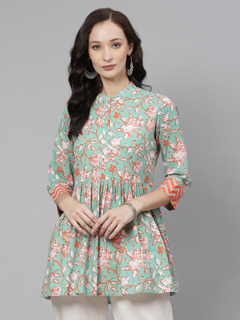 

Divena Sea Green & Orange Floral Print Mandarin Collar Pure Cotton A-Line Top