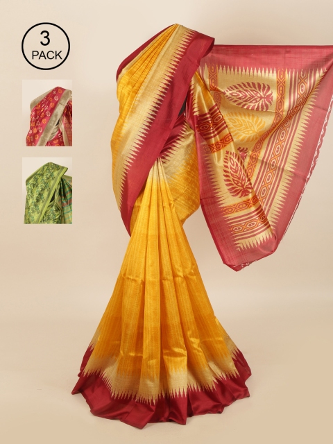 

Pothys Pack of 3Red & Mustard Yellow Ethnic Motifs Jute Silk Sarees