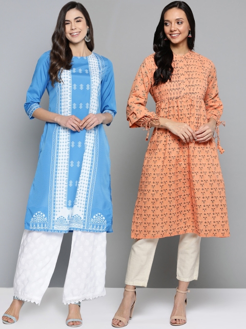 

HERE&NOW Women Pack of 2 Peach-Orange & BluePrinted A-Line Kurta
