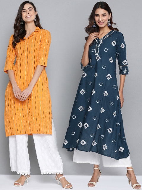 

HERE&NOW Women Pack Of 2 Cotton Kurta, Mustard