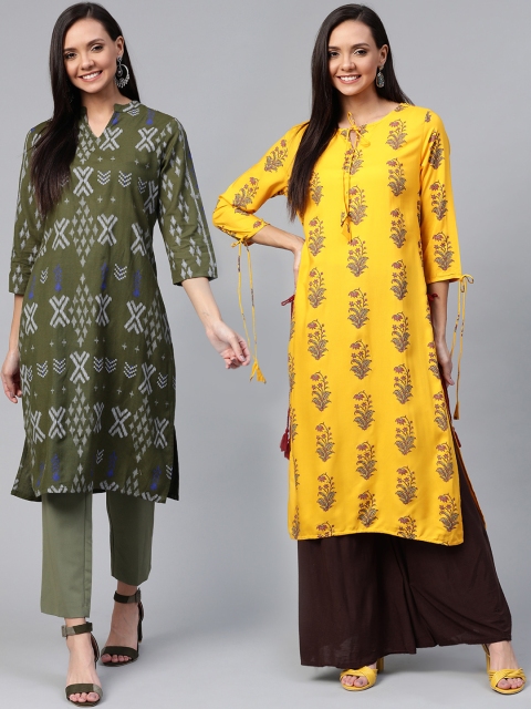 

HERE&NOW Women Pack Of 2 Printed Straight Kurta, Mustard
