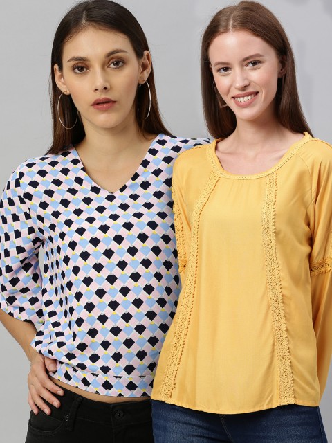 

HERE&NOW Women Pack of 2 Yellow & White Tops, Mustard