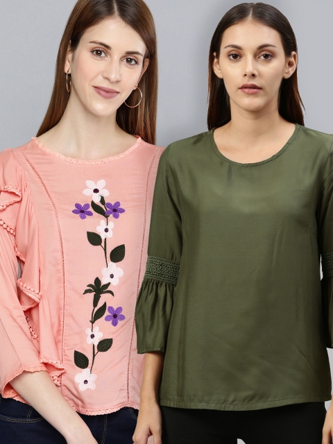 

HERE&NOW Women Pack of 2 Pink & Olive Green Tops