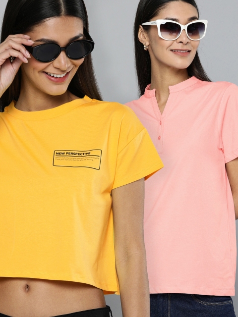 

HERENOW Women Pack of 2 Yellow Pink Pure Cotton T-shirts, Peach