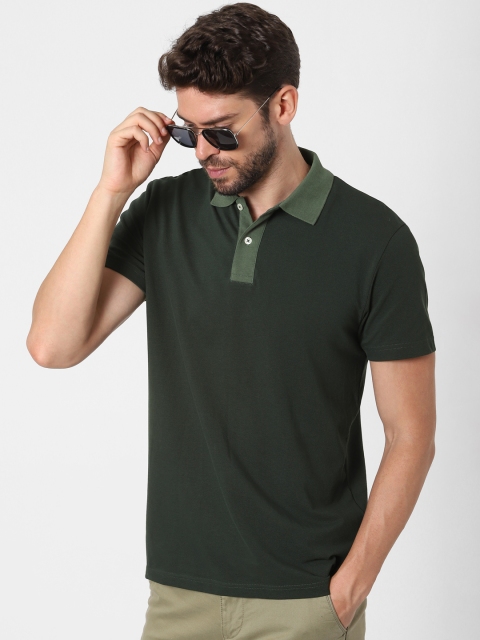 

SELECTED Men Green Solid Polo Collar Pure Cotton T-shirt