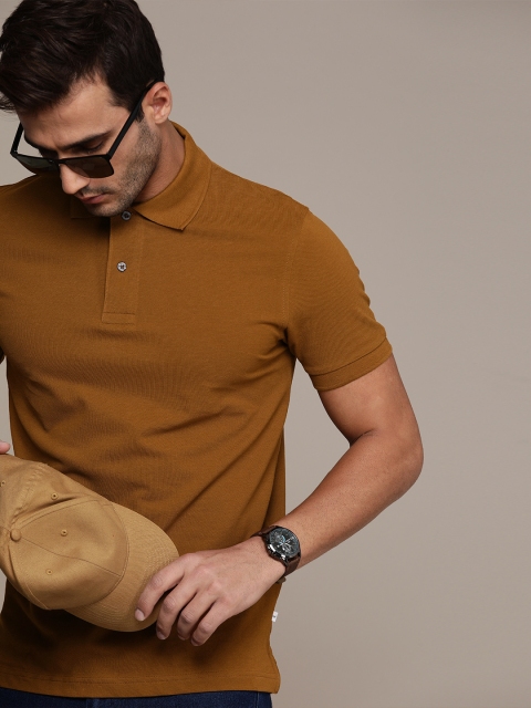 

SELECTED Men Rust Brown Solid Polo Collar Pure Cotton T-shirt