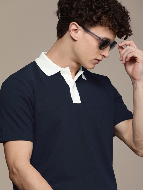 

SELECTED Men Navy Blue Solid Polo Collar Pure Organic Cotton T-shirt