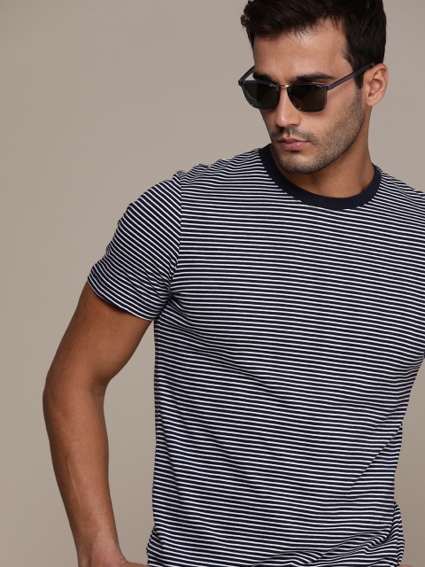 

SELECTED Men Navy Blue White Striped Organic Cotton Pure Cotton T-shirt