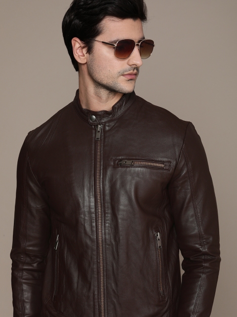 

SELECTED Men Brown Solid Pure Leather Biker Jacket