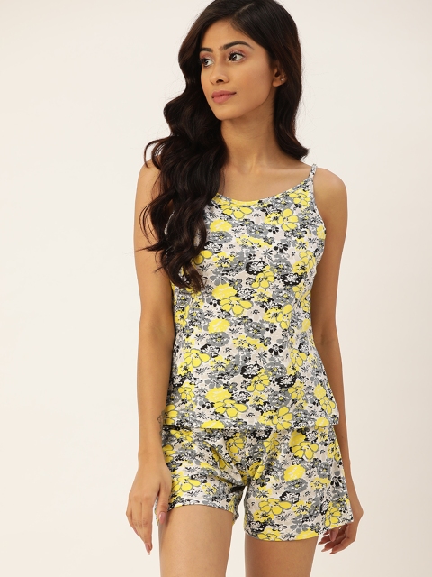 

ETC Women Yellow & Grey Pure Cotton Floral Printed Shorts Set