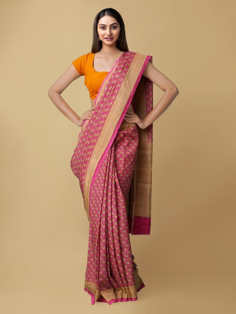 

Unnati Silks Pink & Beige Ethnic Motifs Silk Blend Baluchari Saree