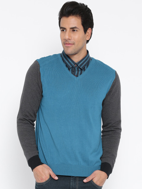 

Numero Uno Men Blue & Grey Melange Colourblocked Sweater