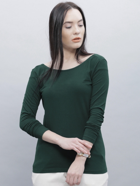 

ether Women Green Lightweight Solid Boat Neck T-shirt