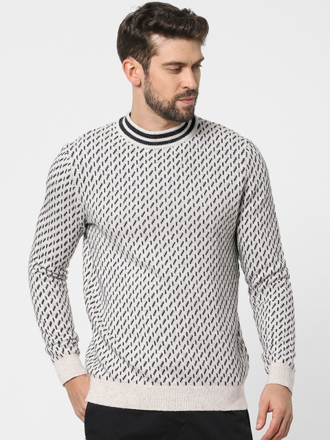 

SELECTED Men White & Navy Blue Self Design Pullover Sweater