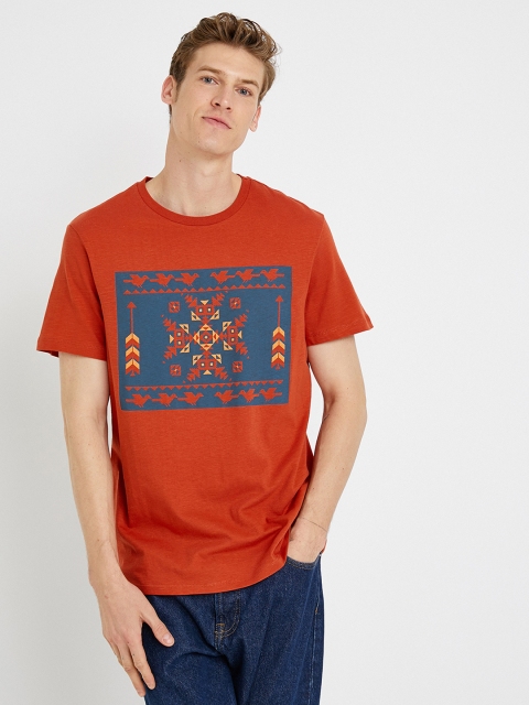 

Koton Men Orange & Teal Blue Printed Cotton T-shirt