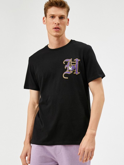 

Koton Men Black Purple Printed Back Pure Cotton T-shirt