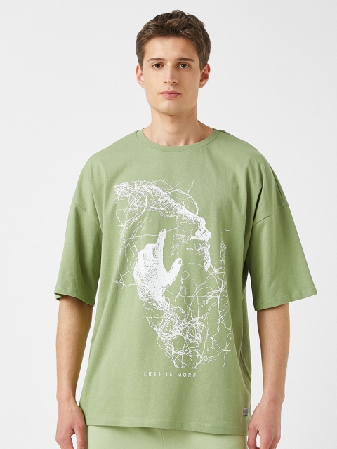 

Koton Men Green & White Printed Loose Cotton T-shirt