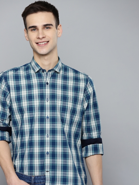 

Mast & Harbour Men Navy Blue Tartan Checked Pure Cotton Casual Shirt