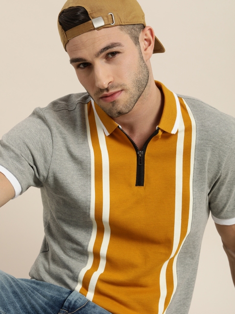 

Moda Rapido Men Grey Melange Yellow Colourblocked Polo Collar Pure Cotton T-shirt