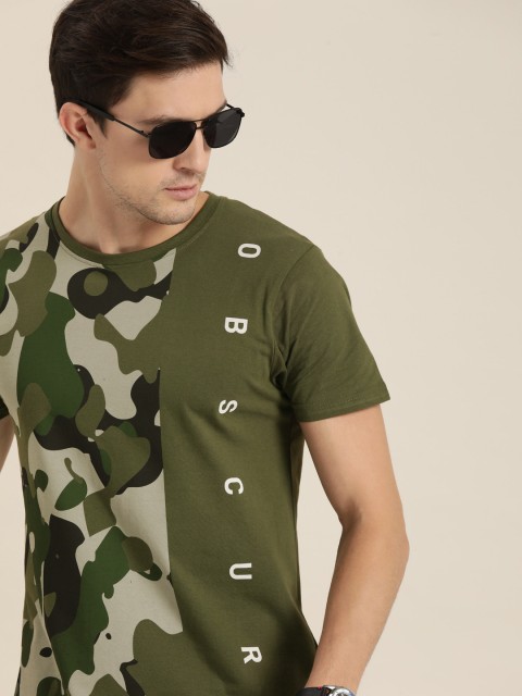 

Moda Rapido Men Olive Green Black Camouflage Printed Pure Cotton T-shirt