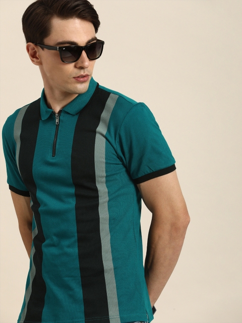 

Moda Rapido Men Teal Green Black Striped Polo Collar Pure Cotton T-shirt