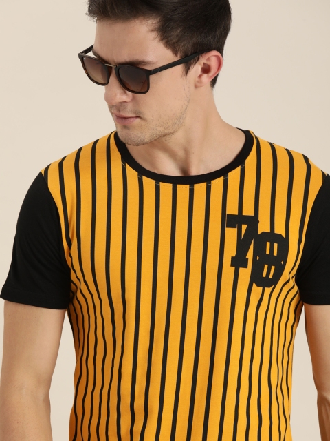 

Moda Rapido Men Mustard Yellow Black Striped Pure Cotton T-shirt