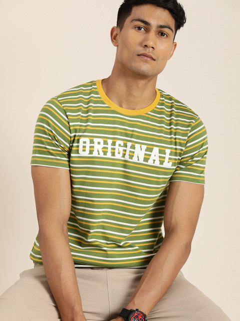 

Moda Rapido Men Green & Yellow Striped T-shirt with Printed Detail