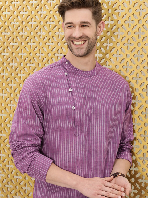

Ode by House of Pataudi Men Lavender & White Striped Mandarian Collar Pure Cotton Kurta