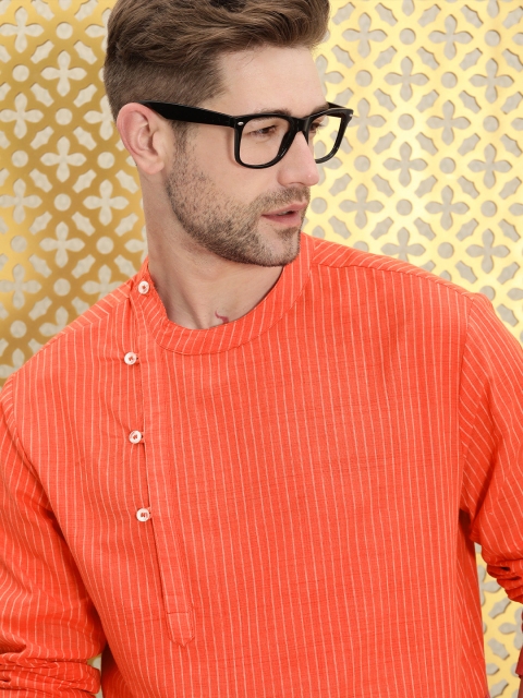

Ode by House of Pataudi Men Orange & White Striped Pure Cotton Kurta