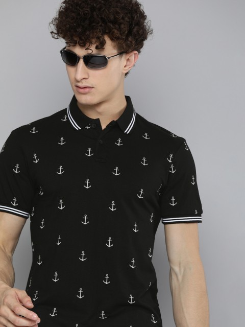 

HERENOW Men Black White Printed Polo Collar Pure Cotton T-shirt