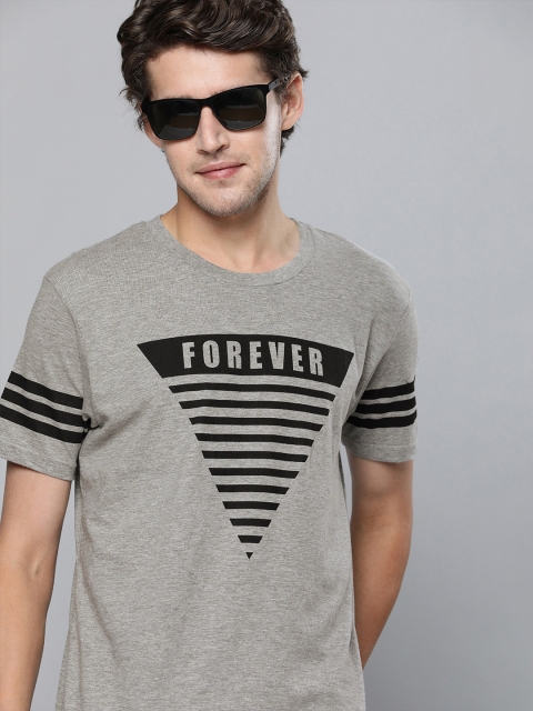 

HERE&NOW Men Grey Melange Typography Printed T-shirt