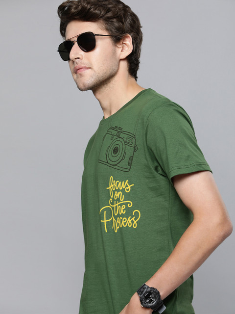 

HERENOW Men Green Typography Printed Pure Cotton T-shirt