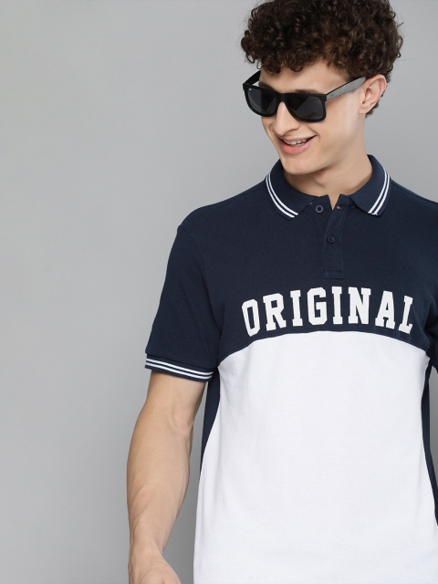 

HERENOW Men White Navy Blue Colourblocked Polo Collar Pure Cotton T-shirt