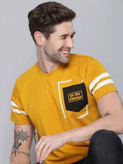 

HERENOW Men Mustard Yellow Typography Printed Pure Cotton T-shirt