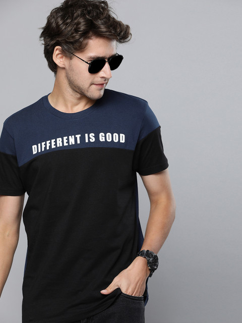 

HERENOW Men Navy Blue Black Colourblocked Pure Cotton T-shirt with Printed Detail