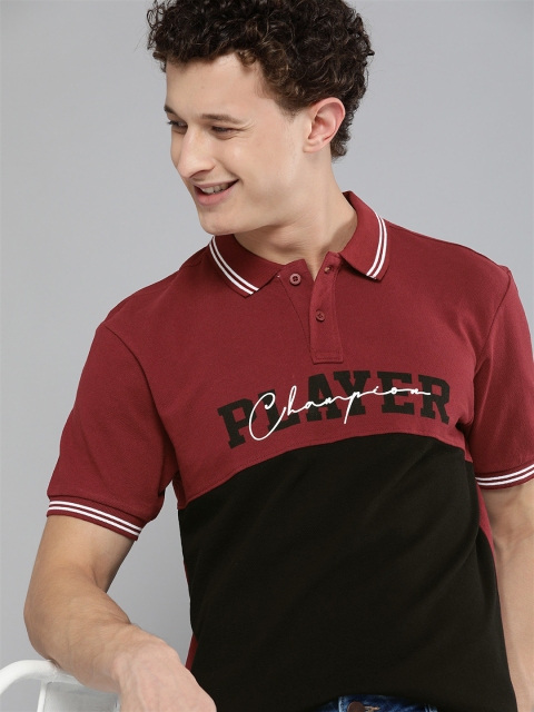 

HERENOW Men Black Red Colourblocked Polo Collar Pure Cotton T-shirt
