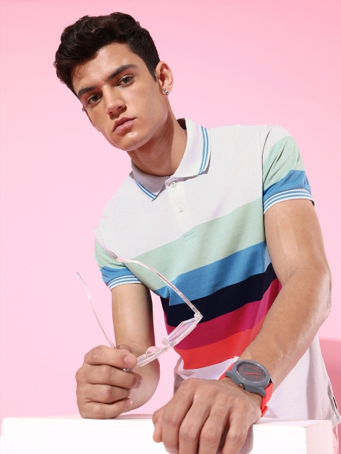 

HERE&NOW Men White Striped Playful Splicing Tshirt