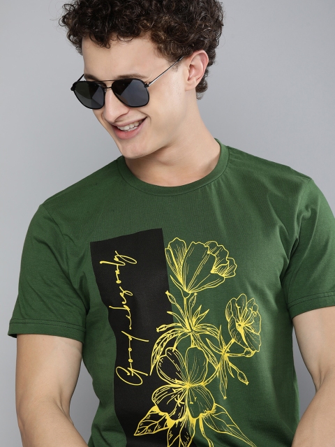 

HERENOW Men Green Floral Printed Pure Cotton T-shirt