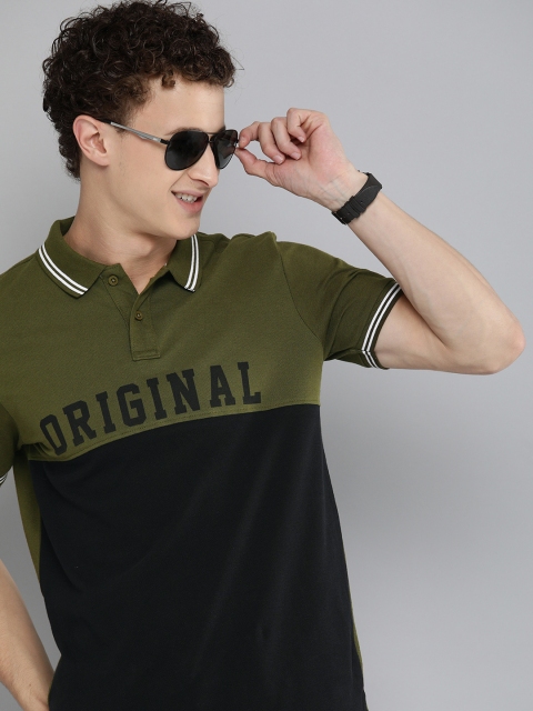 

HERENOW Men Black Olive Green Colourblocked Polo Collar Pure Cotton T-shirt