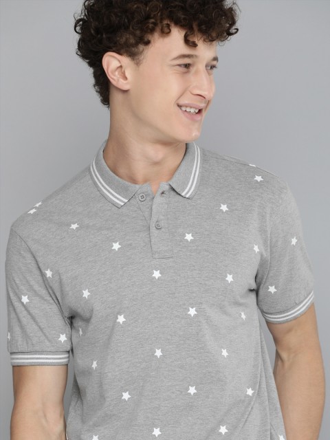 

HERE&NOW Men Grey Melange & White Conversational Printed Polo Collar T-shirt