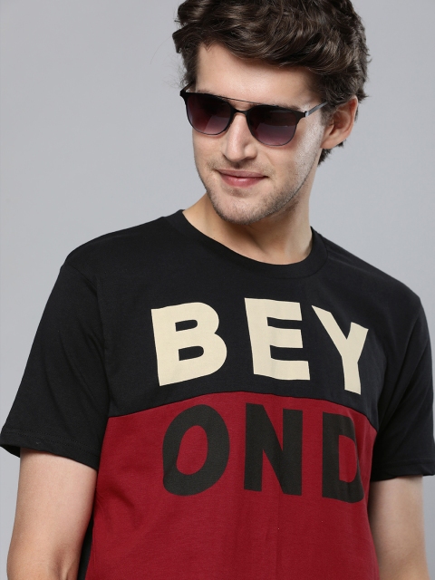 

HERENOW Men Black Maroon Colourblocked Pure Cotton T-shirt with Printed Detail