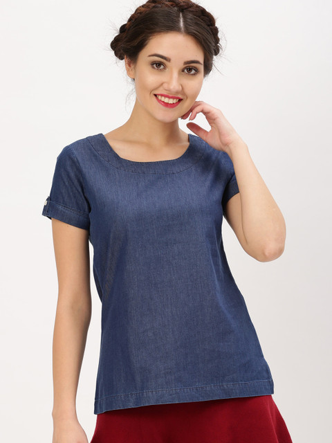 

DressBerry Women Blue Solid Pure Cotton Top